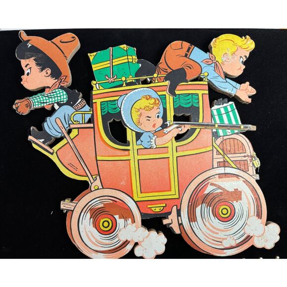 Vintage 1958 The Dolly Toy Co. Cowboy Stagecoach Nursery wall plaque 2 piece - Picture 2 of 8